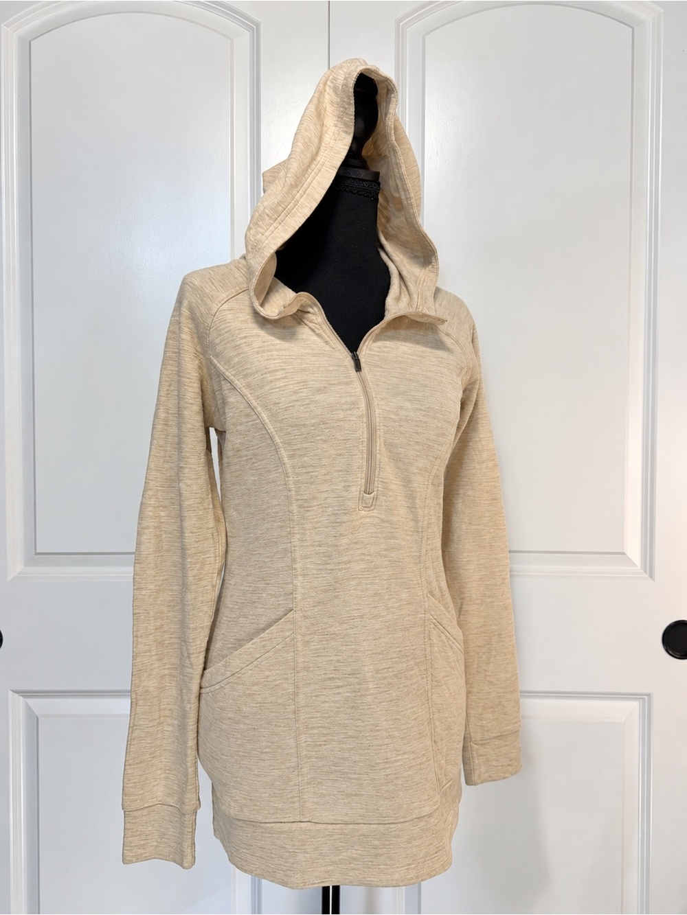 Lucy Half-Zip Hooded Pullover in Cream Heather